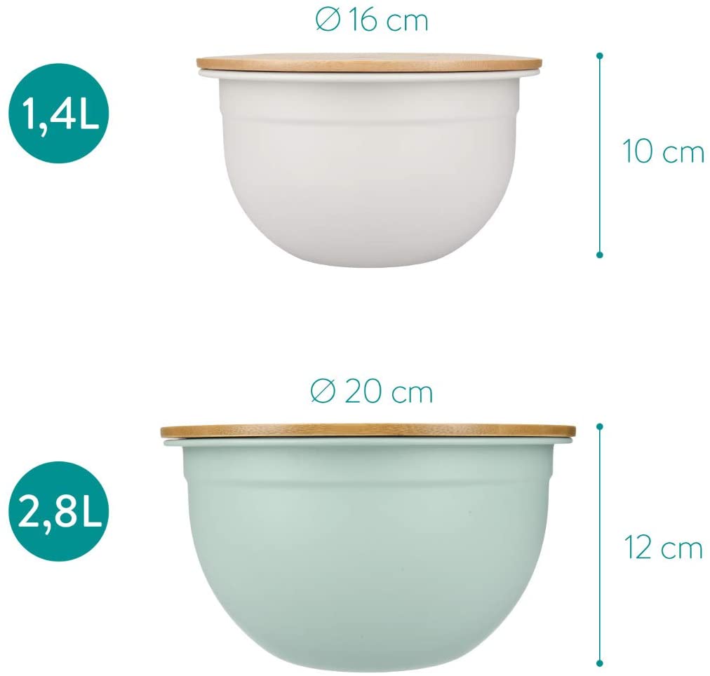 Navaris Metal Mixing Bowls with Wooden Lids Σετ με 2 Μεταλλικά Δοχεία Φαγητού με Καπάκι από Μπαμπού - Grey / Mint Green - 49209.02.22