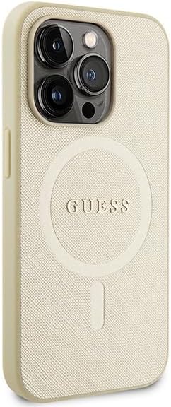 Guess iPhone 15 Pro Max Saffiano MagSafe Σκληρή Θήκη με Πλαίσιο Σιλικόνης και MagSafe - Gold - GUHMP15XPSAHMCB