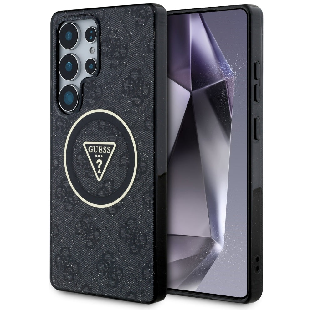 Guess Samsung Galaxy S25 Ultra - 4G Glitter Triangle Buttons - MagSafe Σκληρή Θήκη με Πλαίσιο Σιλικόνης - Black - GUHMS25LHG4PRTGK