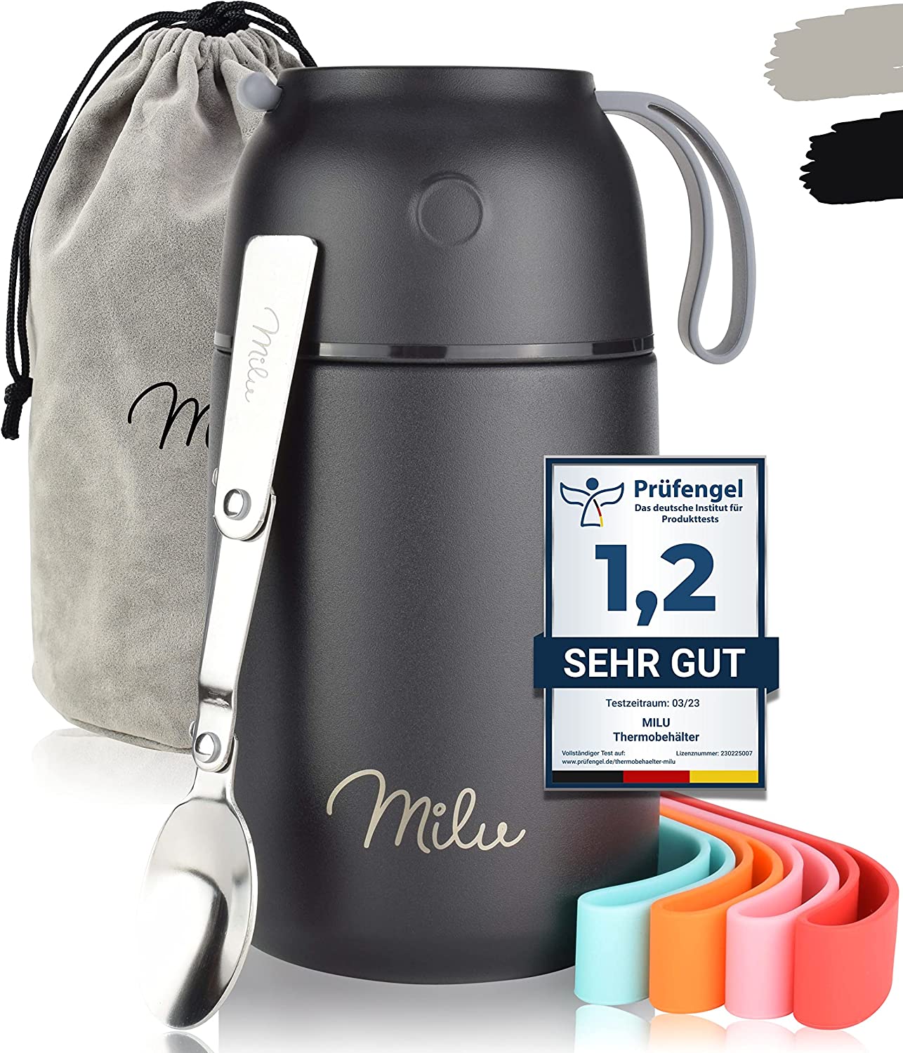 Milu Θερμός Φαγητού από Ανοξείδωτο Ατσάλι με Καπάκι-Μπολ και Κουτάλι - 650ml - Black - 2303