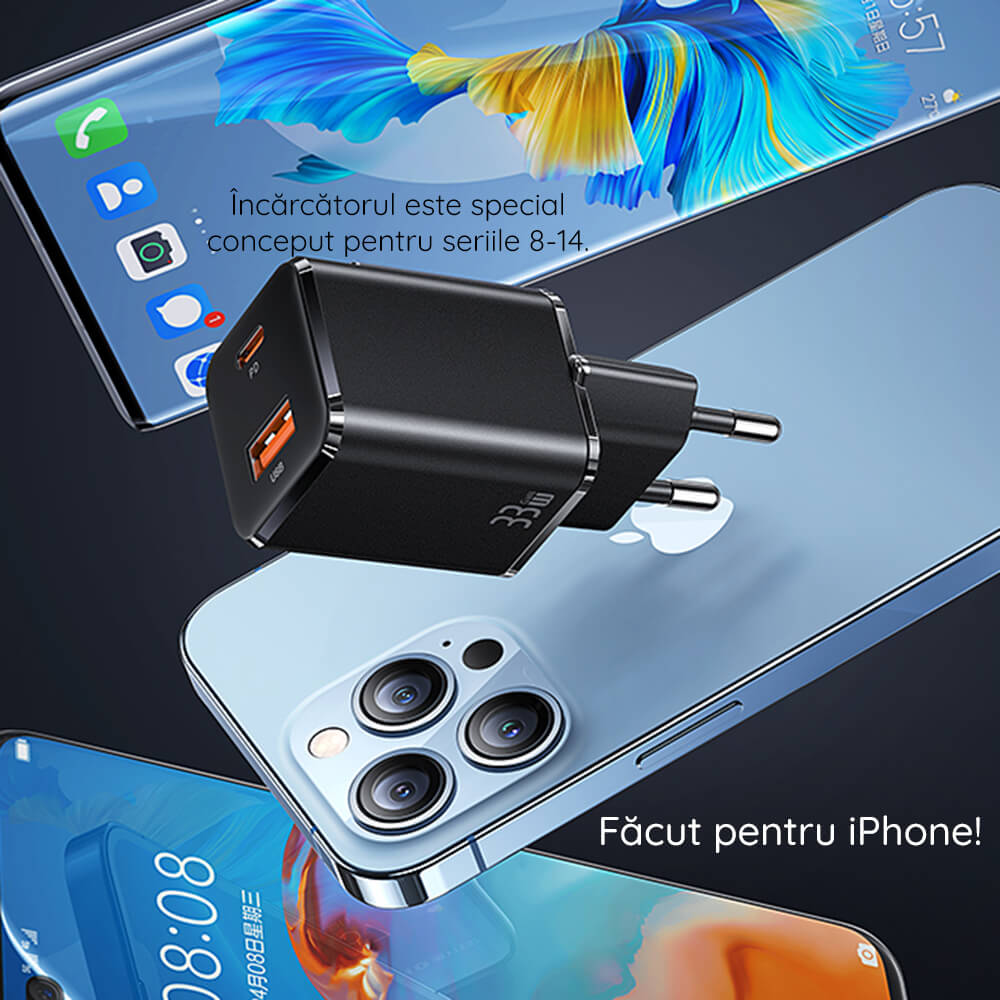 Usams Travel Charger Kit 33W Οικιακός Φορτιστής με 1 Θύρα Type-C και 1 Θύρα USB και καλώδιο Type-C to Lightning 20W - Black - USKTZ01