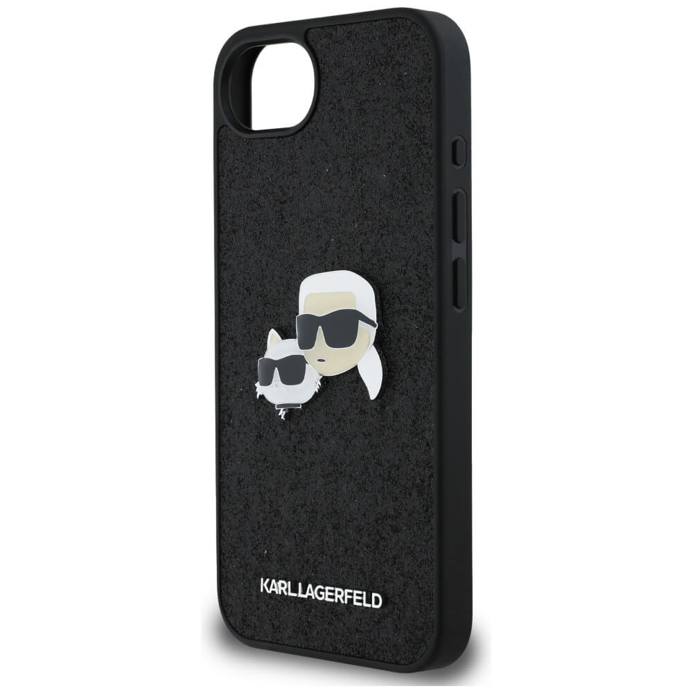 Karl Lagerfeld iPhone 16e - Fixed Glitter Karl and Choupette Heads Metal Pin - Σκληρή Θήκη με Πλαίσιο Σιλικόνης - Black - KLHCPSE4PFGKCPK