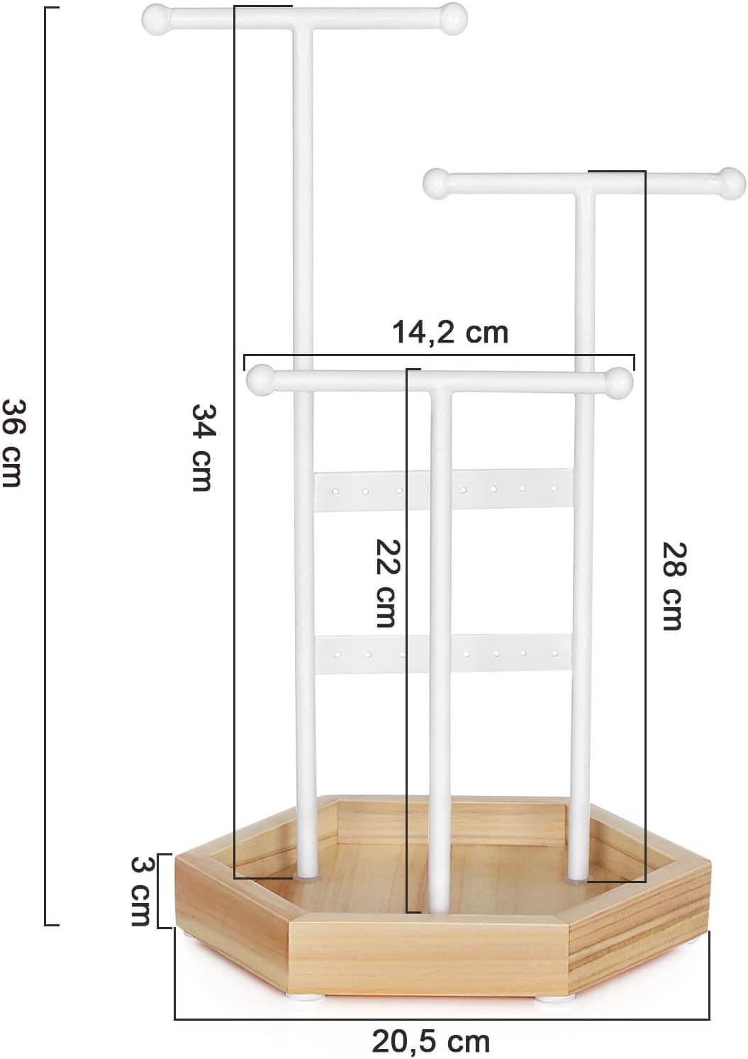 Songmics Μεταλλικό Stand Κοσμημάτων με Ξύλινη Βάση - White / Natural - JJS03NW