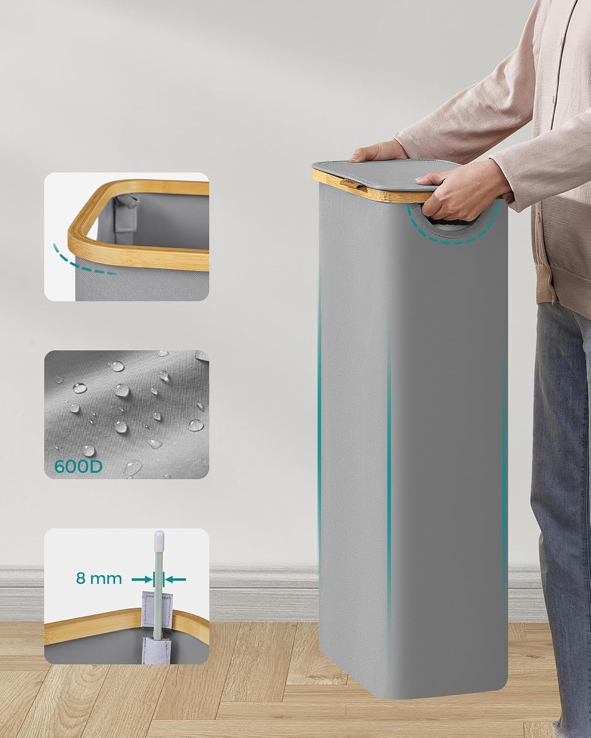 Songmics Καλάθι Απλύτων με Καπάκι και Αποσπώμενη Εσωτερική Θήκη - 60L - Dove Grey - LCB506G01