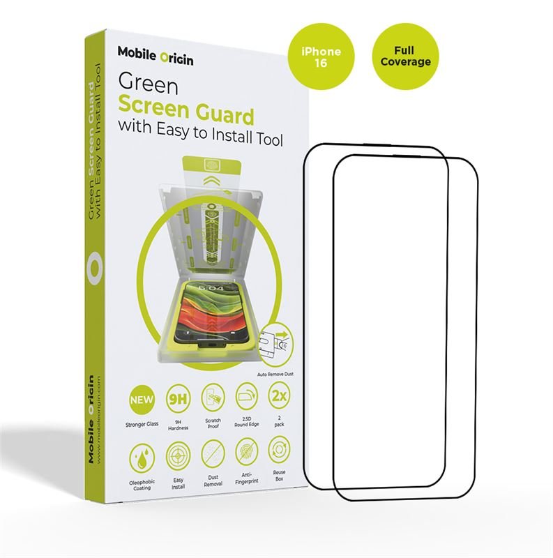 Mobile Origin iPhone 16 Screen Guard Full Glue 9H Αντιχαρακτικό Γυαλί Οθόνης με Κιτ Εγκατάστασης - 2 Τεμάχια - Black