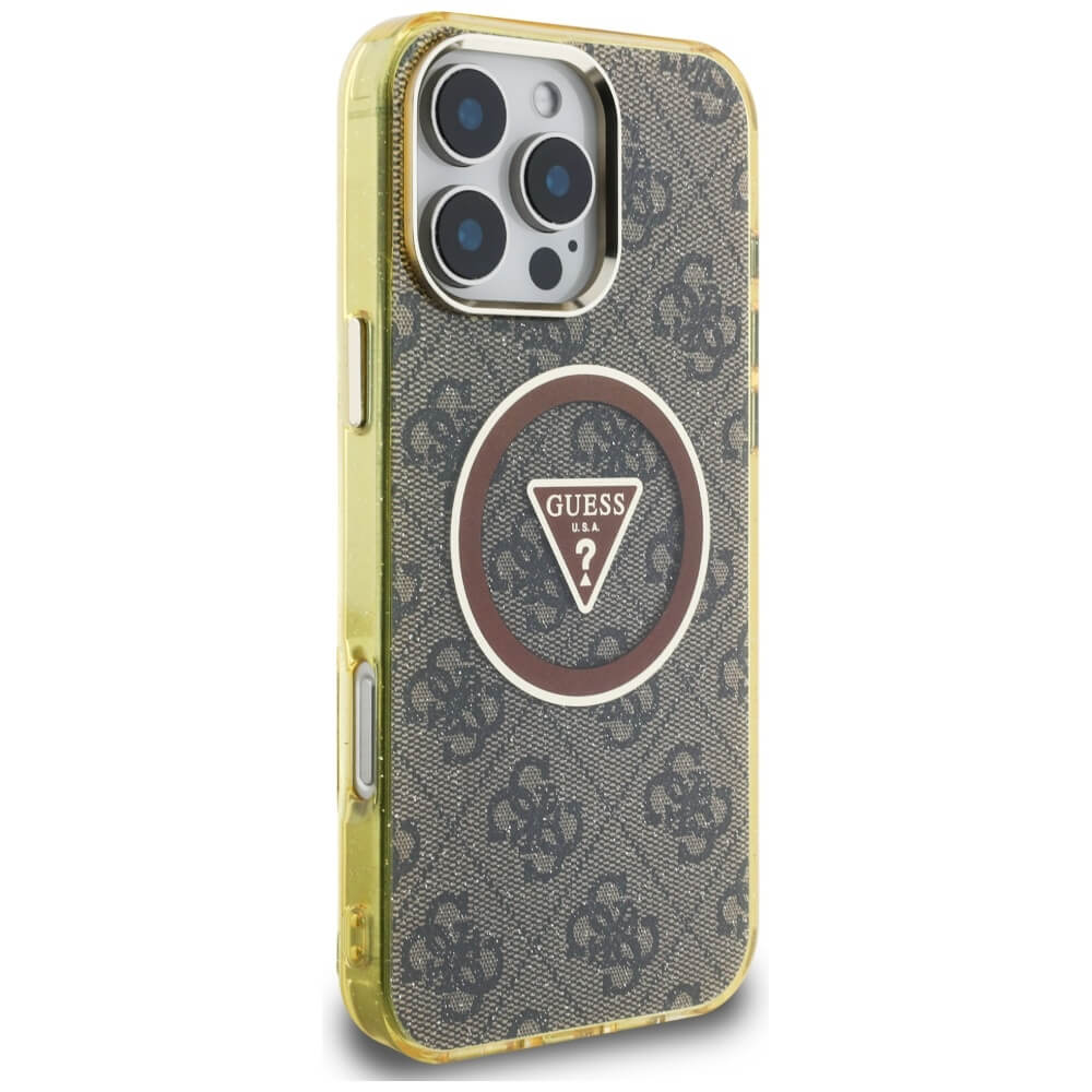 Guess iPhone 16 Pro Max - IML Metal Glitter 4G Circle Triangle MagSafe - Σκληρή Θήκη με Πλαίσιο Σιλικόνης και MagSafe - Brown - GUHMP16XHG4PRTGW