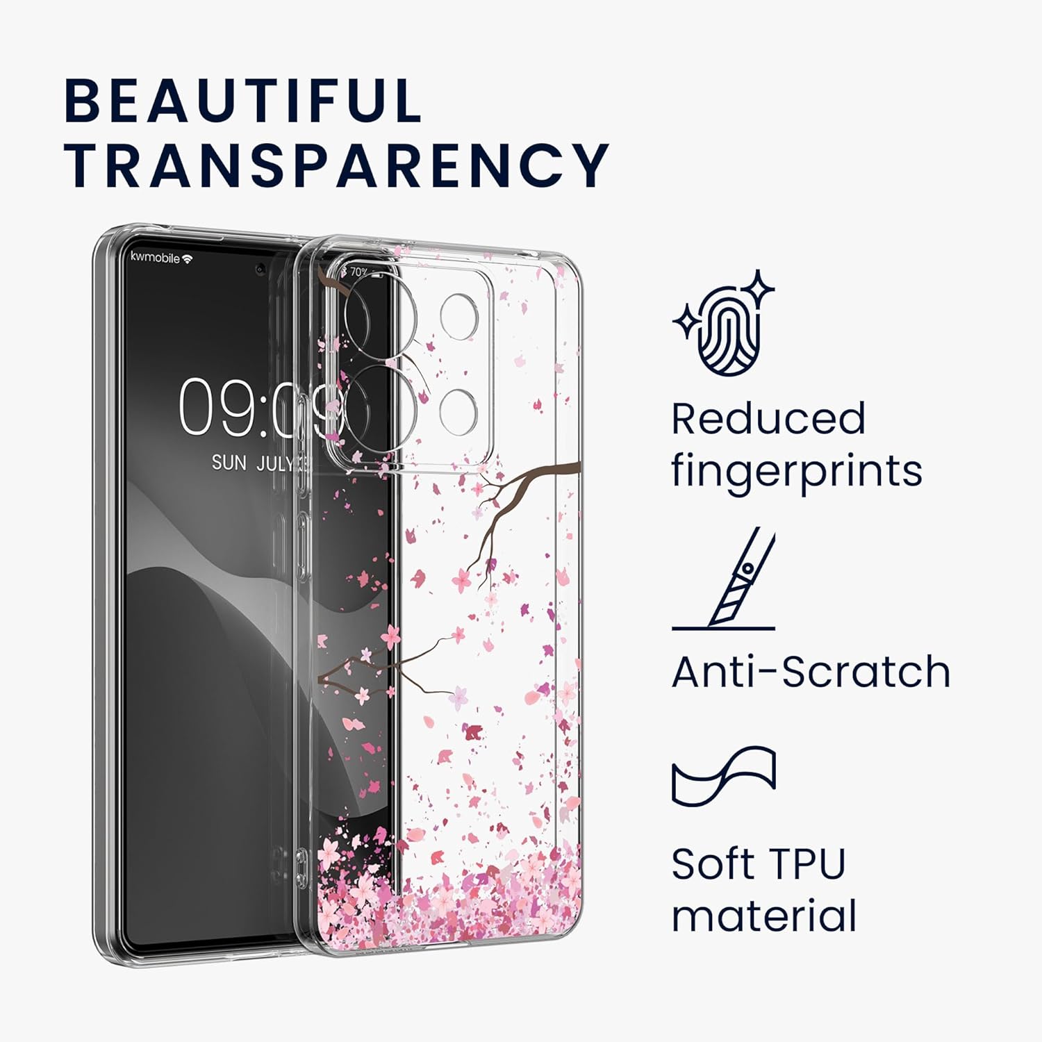 KW Xiaomi Redmi Note 13 Pro 5G / Poco X6 5G Θήκη Σιλικόνης TPU με Αντιχαρακτικό Γυαλί - Design Cherry Blossoms Petals - Pink / Dark Brown / Διάφανη