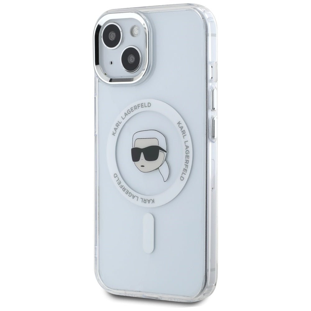 Karl Lagerfeld iPhone 15 Plus - IML Metal Karl Head - MagSafe Σκληρή Θήκη με Πλαίσιο Σιλικόνης - White - KLHMP15MHLSKIH