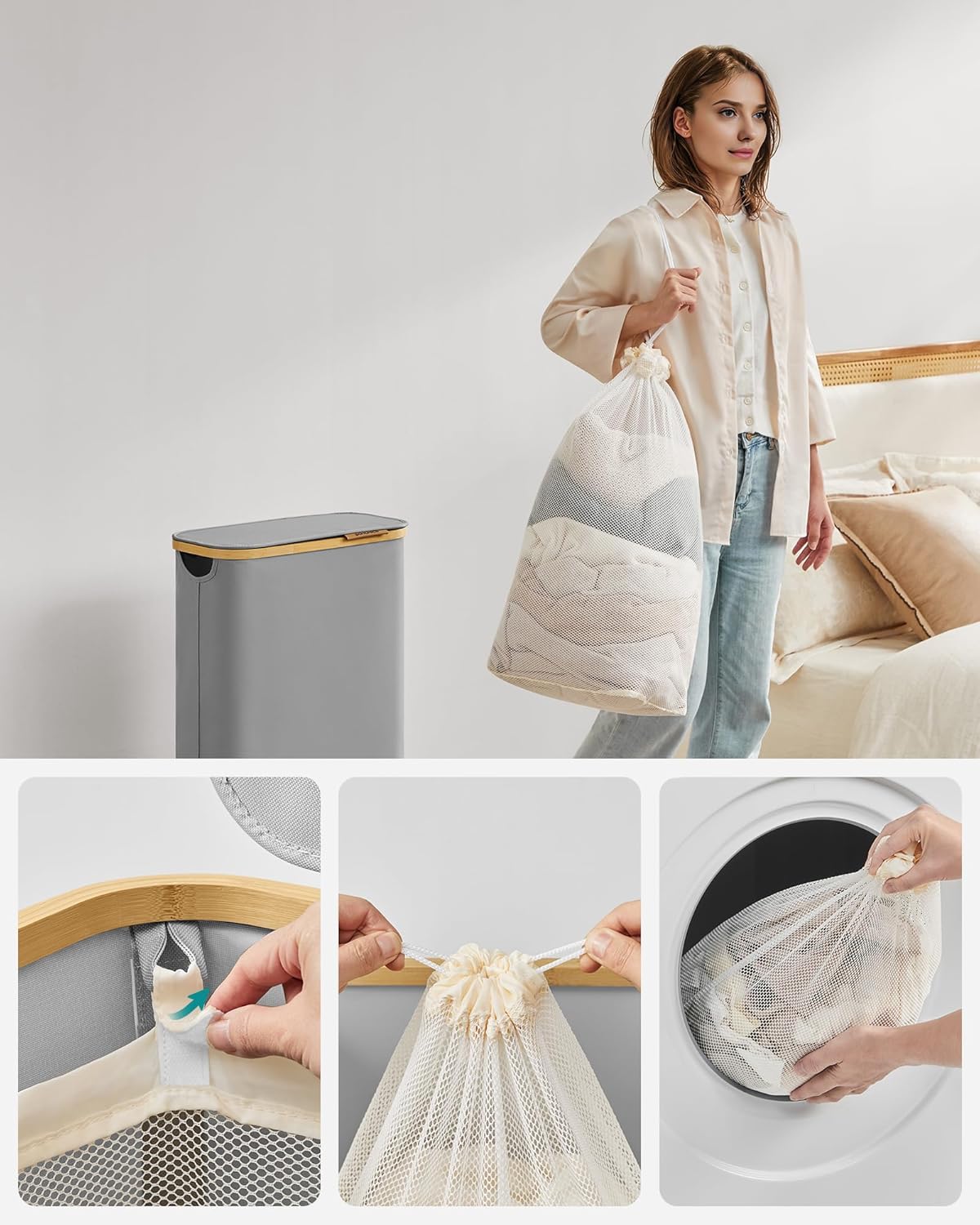 Songmics Καλάθι Απλύτων με Καπάκι και Αποσπώμενη Εσωτερική Θήκη - 60L - Dove Grey - LCB506G01