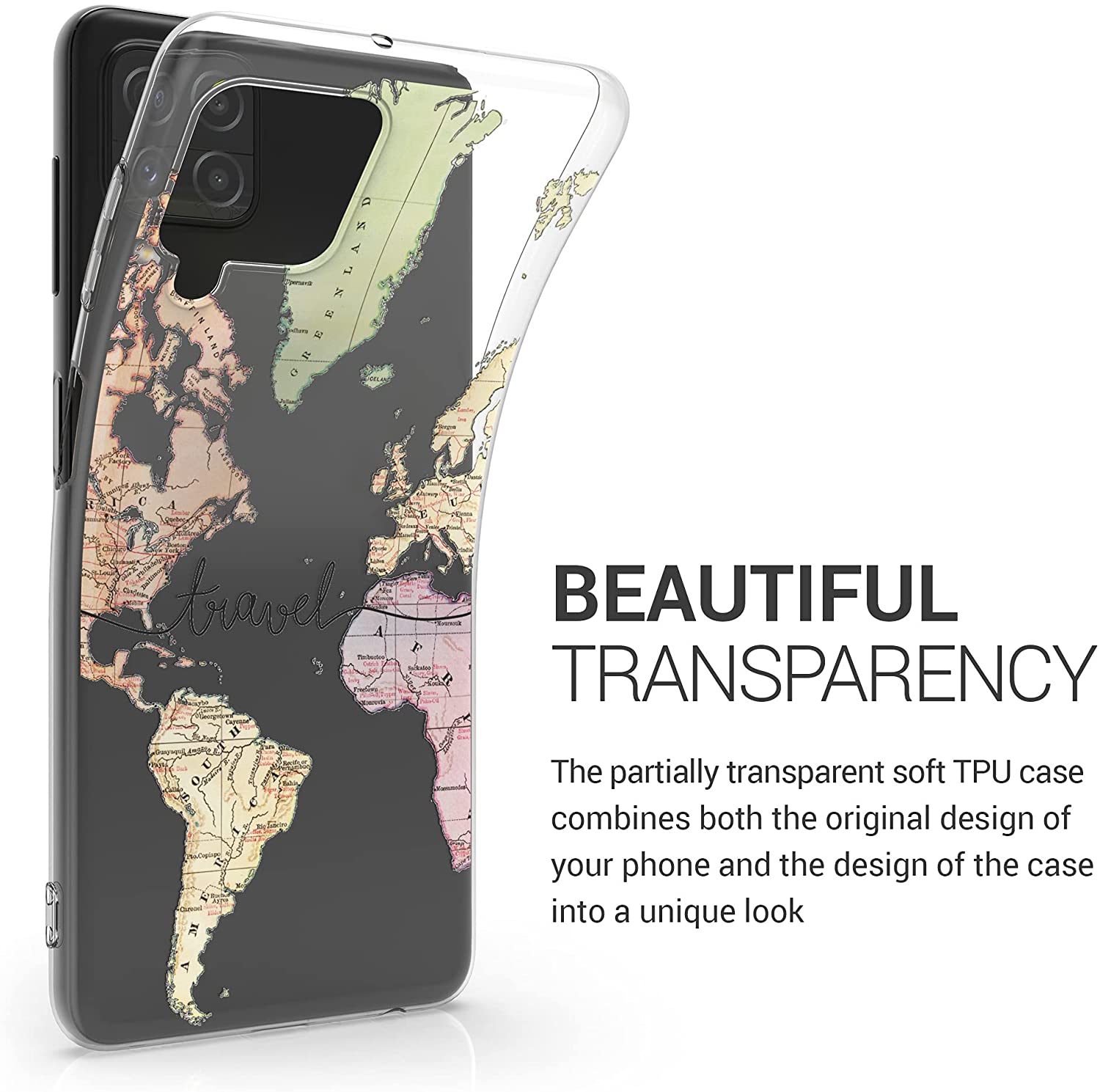 KW Samsung Galaxy A22 4G Θήκη Σιλικόνης TPU Design Travel - Black / Multicolor - Διάφανη - 55498.03