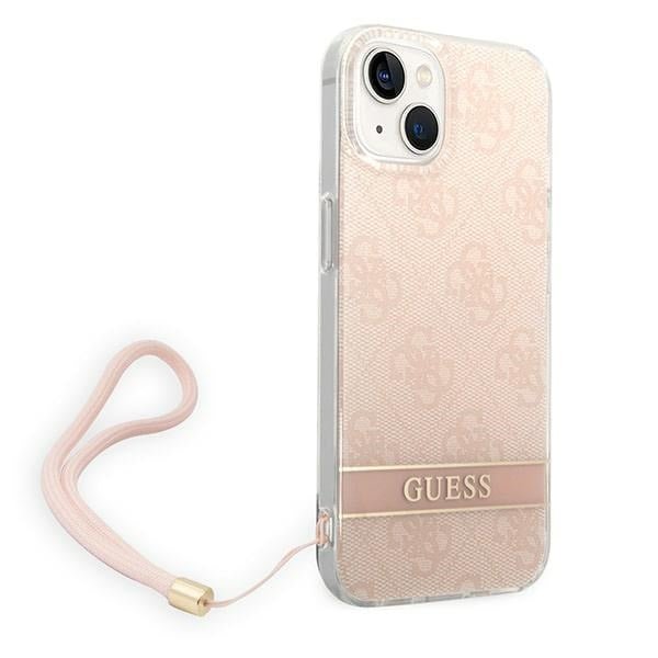 Guess iPhone 14 Plus 4G Print Strap Σκληρή Θήκη με Πλαίσιο Σιλικόνης και Λουράκι - Pink - GUOHCP14MH4STP