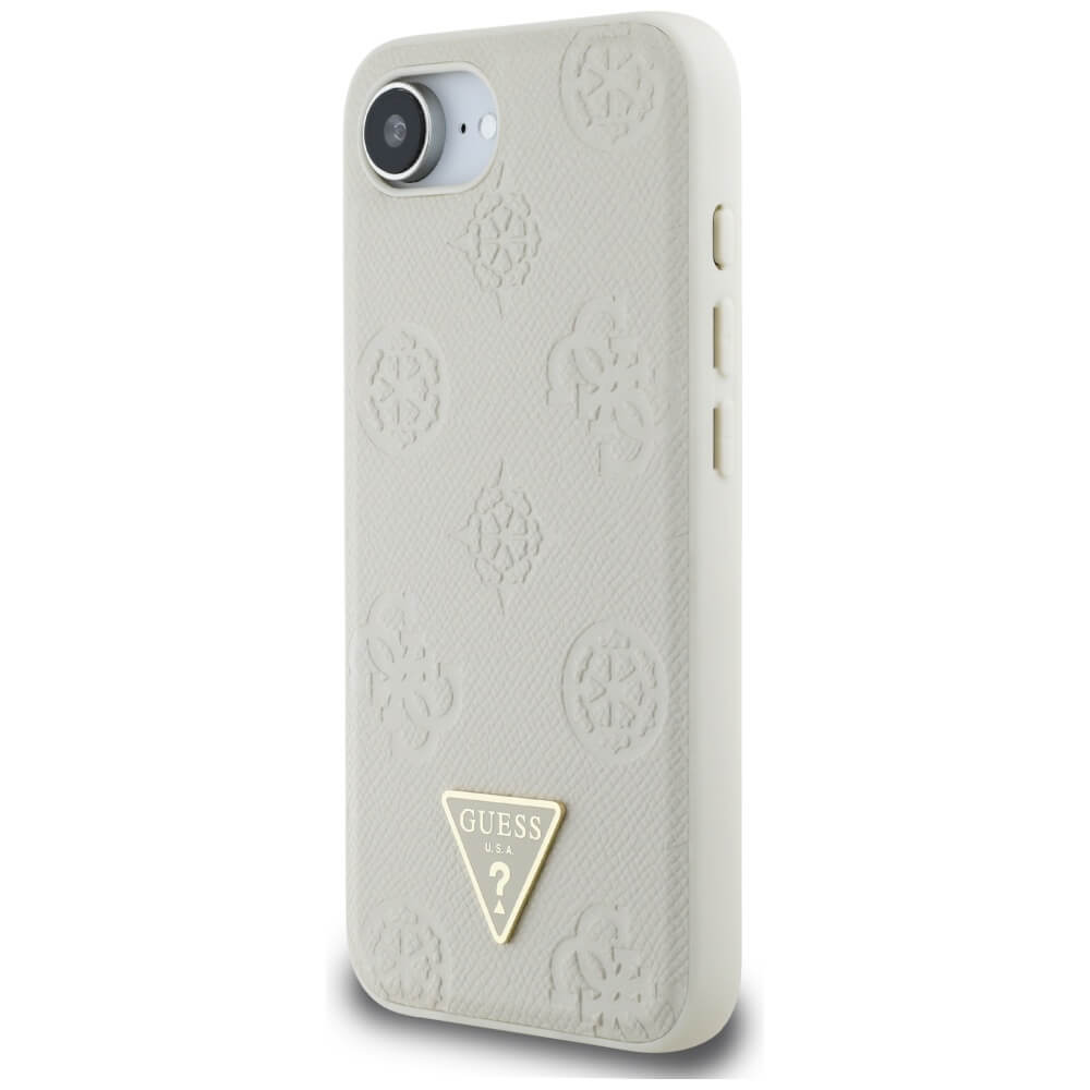 Guess iPhone 16e - Grained Hot Stamp Peony Triangle Logo - MagSafe Σκληρή Θήκη με Επένδυση Συνθετικού Δέρματος - Beige - GUHMPSE4PGBTME
