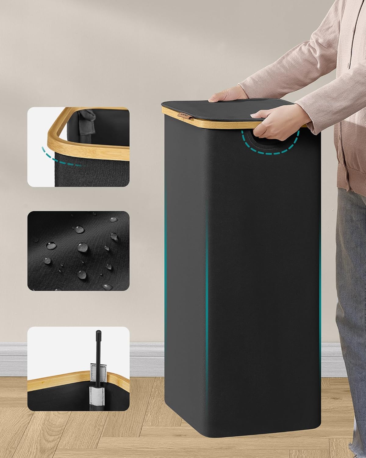 Songmics Καλάθι Απλύτων με Καπάκι και Αποσπώμενο Εσωτερικό Σάκο - 90L - Ink Black - LCB509B01