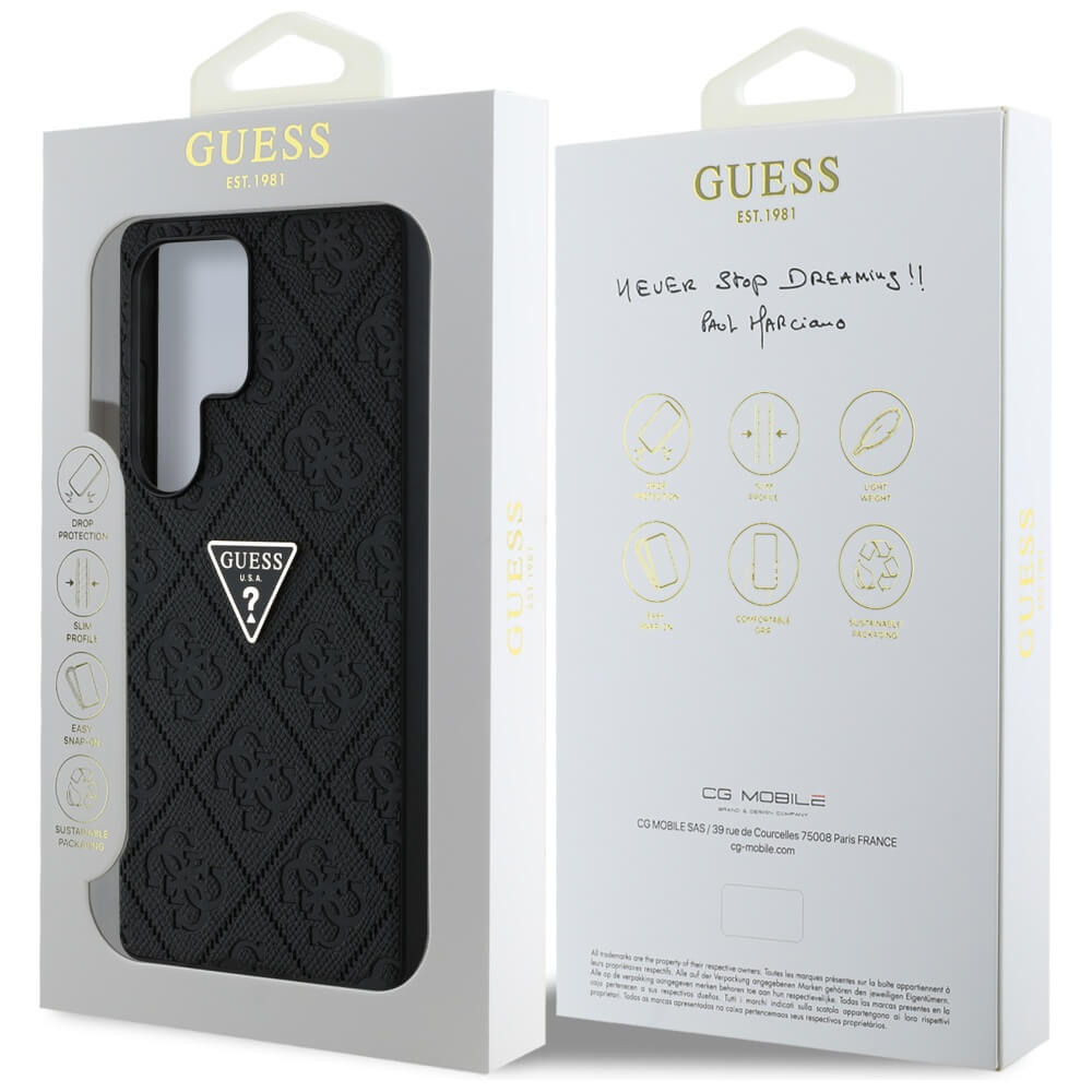 Guess Samsung Galaxy S25 Ultra - Hot Stamp 4G Pattern Triangle Metal Logo - Θήκη με Επένδυση Συνθετικού Δέρματος και Πλαίσιο Σιλικόνης - Black - GUHCS25LPGP4STRK