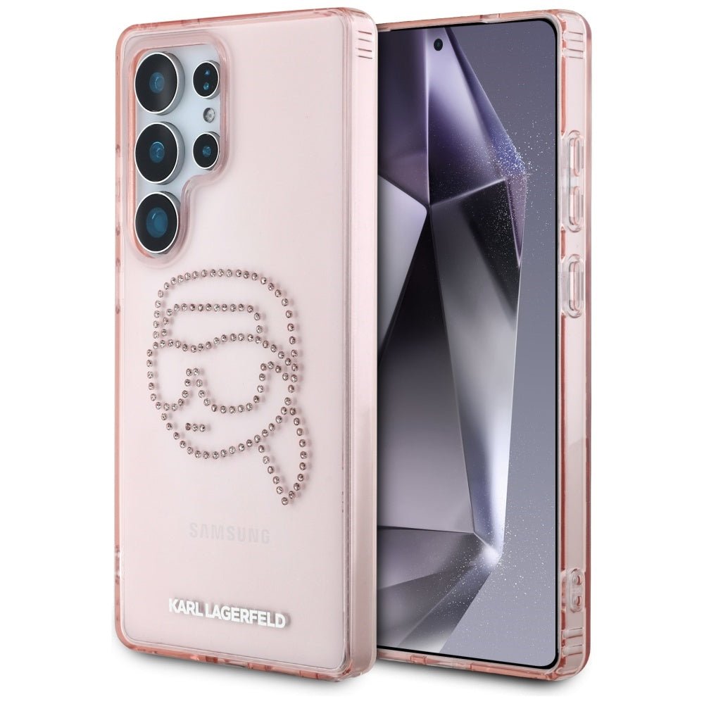 Karl Lagerfeld Samsung Galaxy S25 Ultra - Rhinestones Karl Head Logo - Σκληρή Θήκη με Πλαίσιο Σιλικόνης - Pink - KLHCS25LHKHDCELP