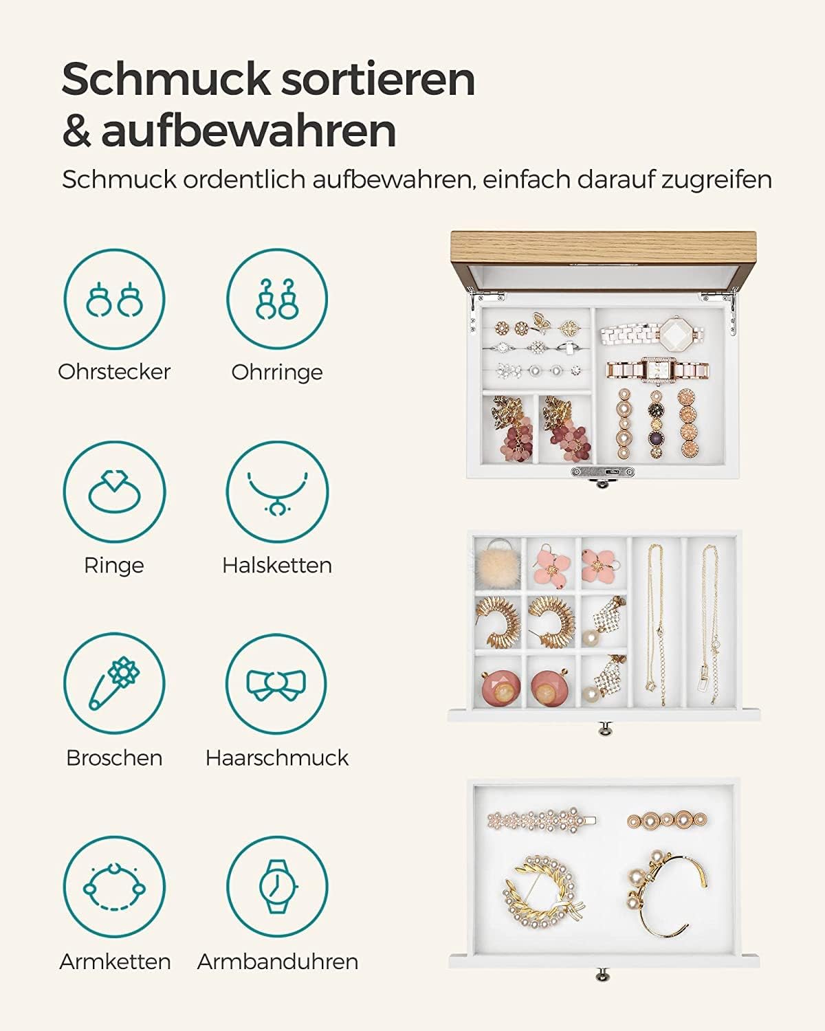 Songmics Ξύλινο Κουτί Αποθήκευσης Κοσμημάτων με 3 Επίπεδα - 24,5 x 17 x 14,5 cm - White / Natural - JOW15WNV1