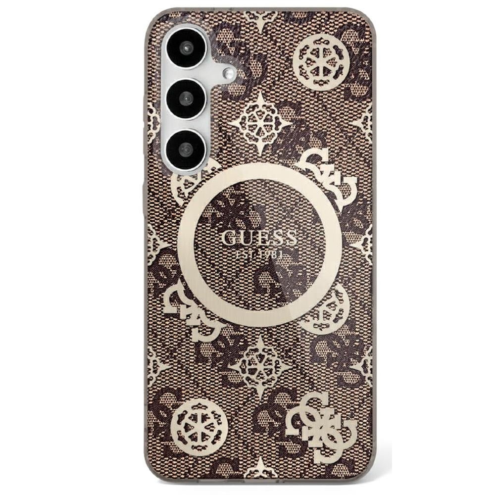Guess Samsung Galaxy S25 - 4G Background Gold Electroplated Peony Pattern MagSafe - Σκληρή Θήκη με Πλαίσιο Σιλικόνης - Brown - GUHMS25SH4PYEEW