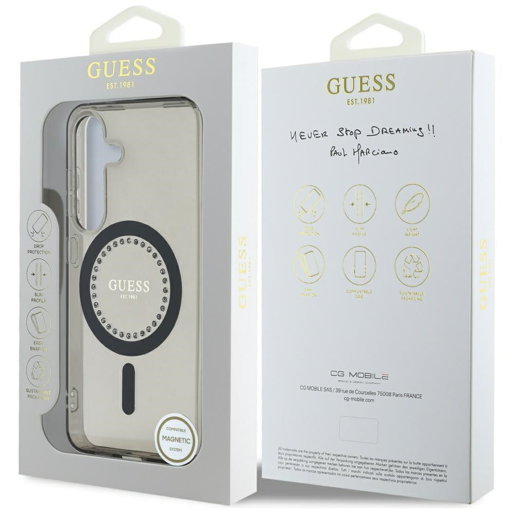 Guess Samsung Galaxy S25 - Rhinestones Printed Classic Logo - MagSafe Σκληρή Θήκη με Πλαίσιο Σιλικόνης - Black - GUHMS25SPFTDTEK