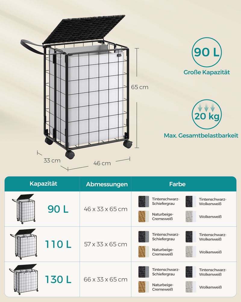 Songmics Τροχήλατο Αναδιπλούμενο Καλάθι Απλύτων με Καπάκι - 90L - Ink Black / Cloud White - LCB290B12