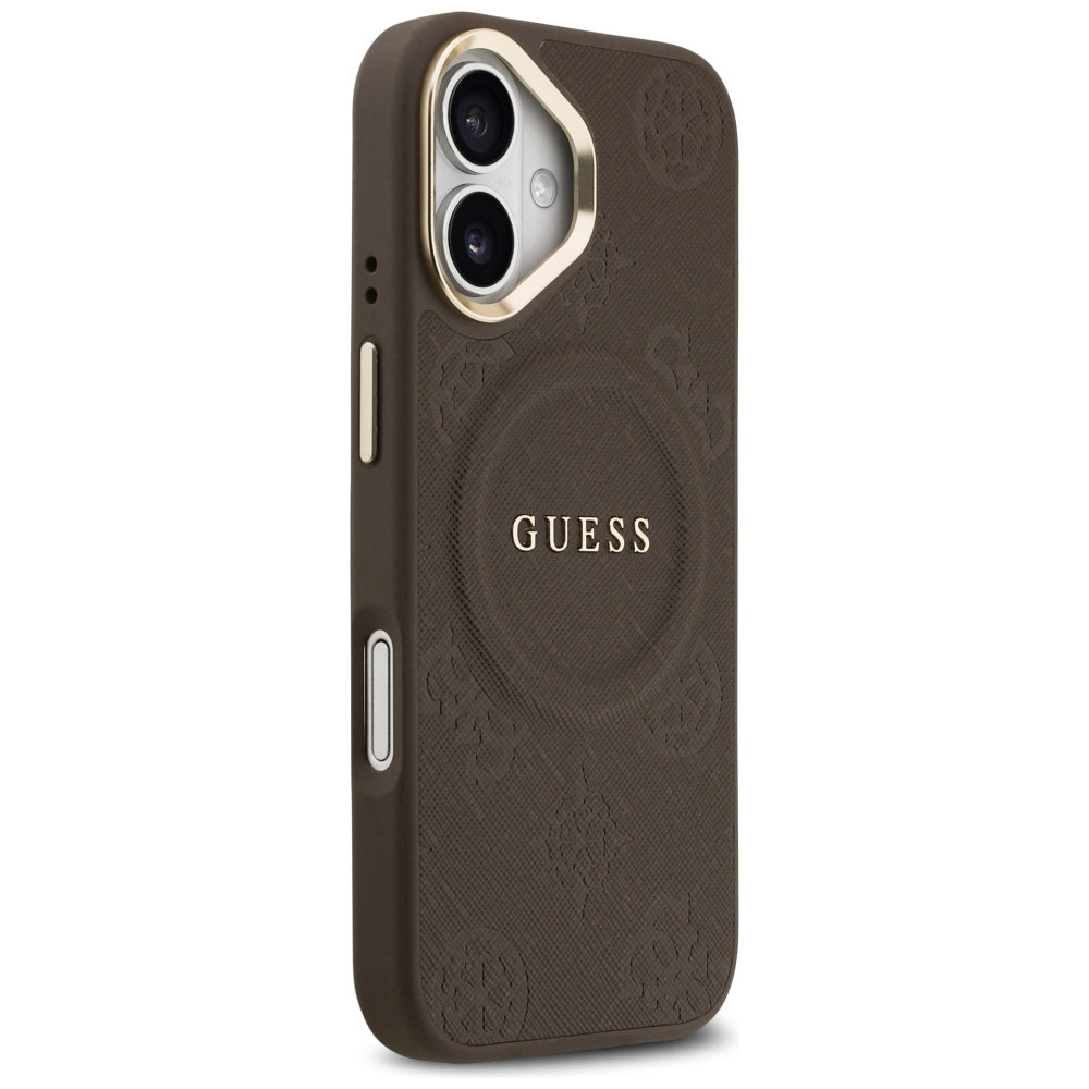 Guess iPhone 17 - Peony Hot Stamp MagSafe - Σκληρή Θήκη με Επένδυση Συνθετικού Δέρματος - Brown - GUHMP17SPSAMSECW