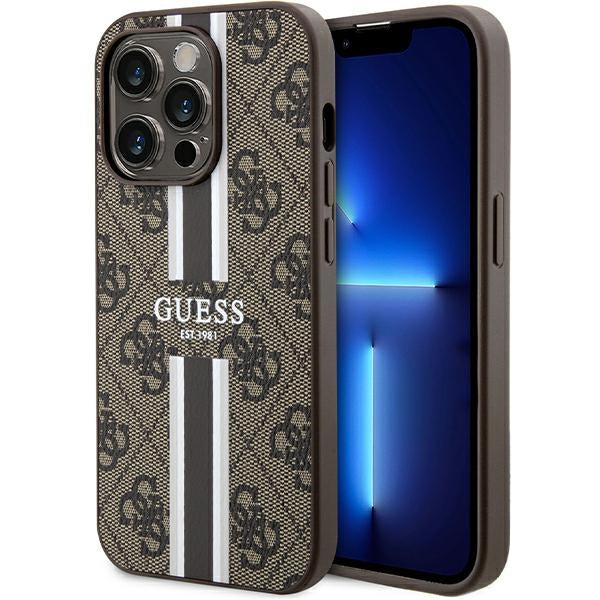 Guess iPhone 15 Pro - 4G Printed Stripes MagSafe Θήκη με Επένδυση Συνθετικού Δέρματος - Brown - GUHMP15LP4RPSW