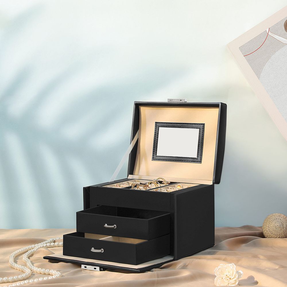 Songmics Φορητό Κουτί Αποθήκευσης Κοσμημάτων με Καθρέπτη και Κλειδαριά - Black - JBC154B01