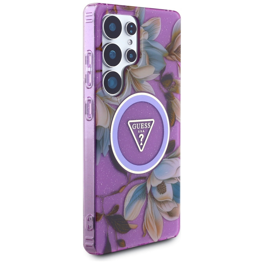 Guess Samsung Galaxy S25 Ultra - Glitter Flowers Triangle Buttons MagSafe - Σκληρή Θήκη με Πλαίσιο Σιλικόνης - Purple - GUHMS25LHFLPEDU