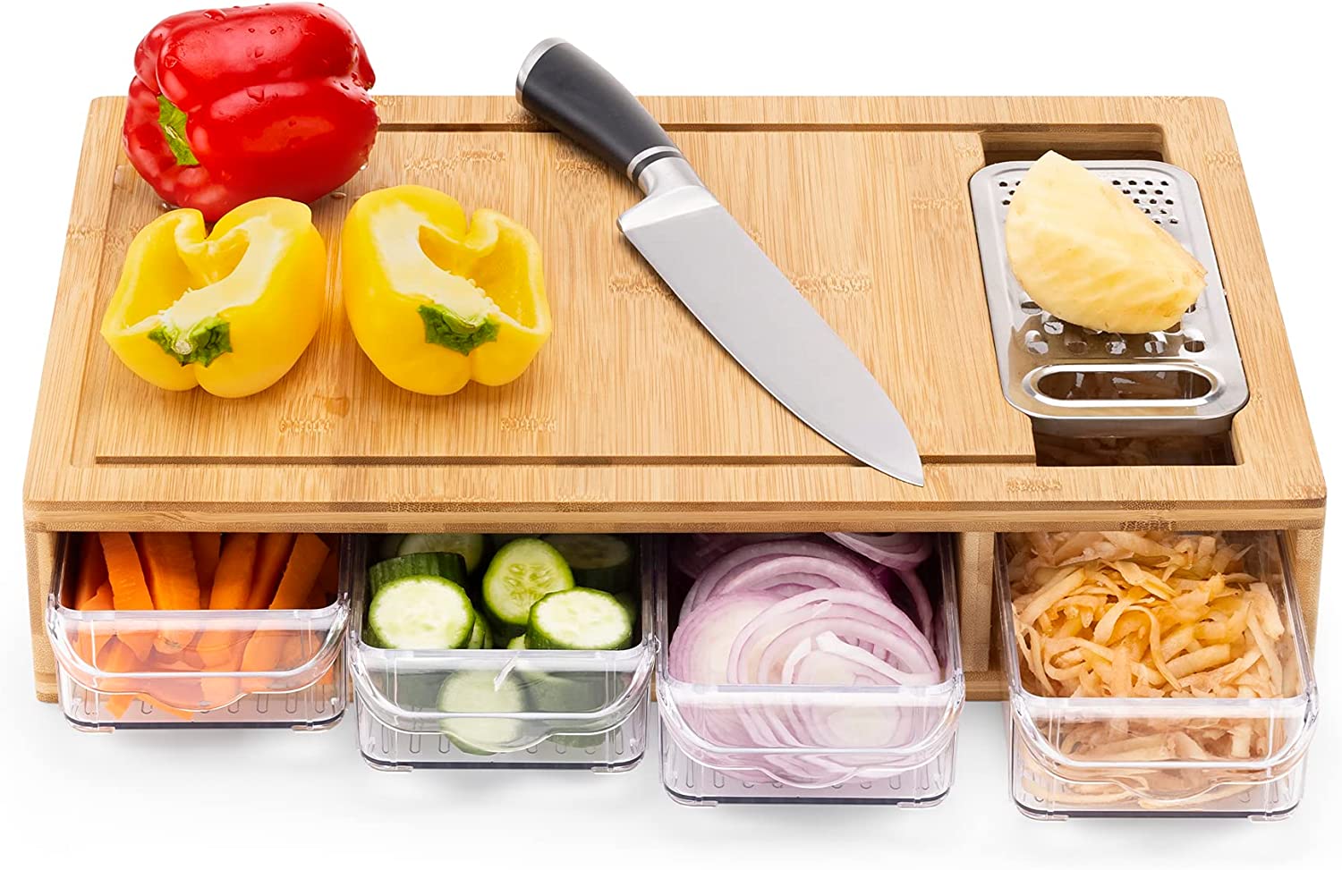 Navaris Ξύλο Κοπής από Μπαμπού με Τρίφτη και 4 Δοχεία Συλλογής - Brown - 58084.01