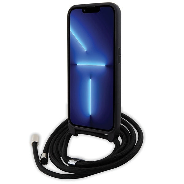 Karl Lagerfeld iPhone 15 Pro - Crossbody Saffiano Monogram Metal Pin Karl Choupette Σκληρή Θήκη με Επένδυση Συνθετικού Δέρματος και Λουράκι - Black - KLHCP15LSASKNPSK