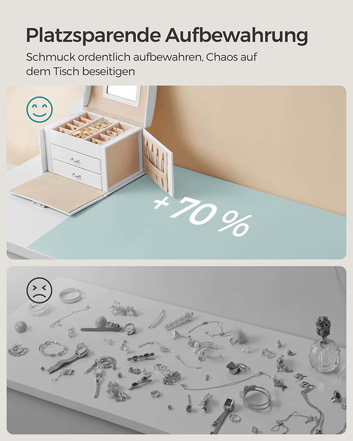 Songmics Φορητό Κουτί Αποθήκευσης Κοσμημάτων με Καθρέπτη και Κλειδαριά - White - JBC154W01