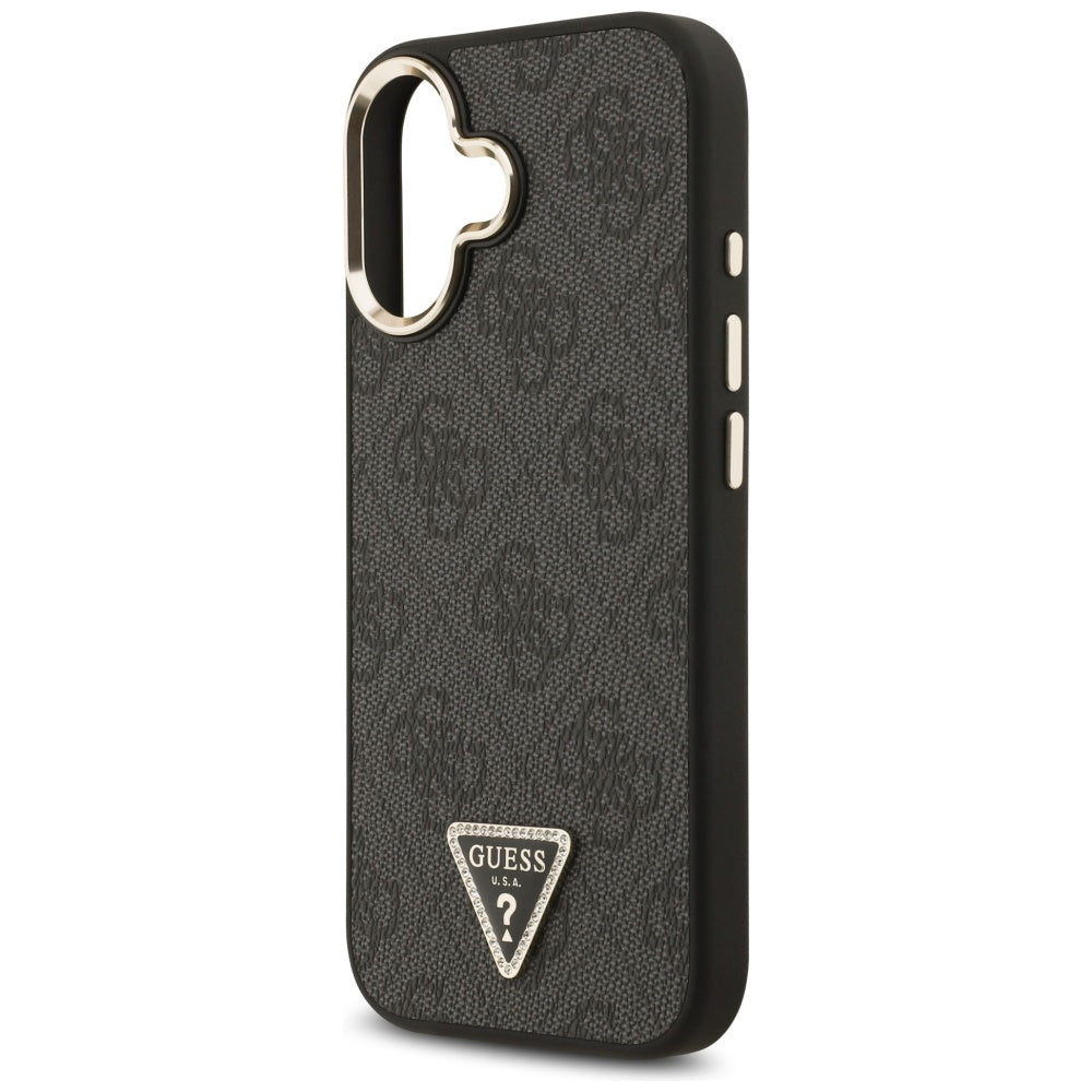 Guess iPhone 17 - 4G Triangle Strass Logo MagSafe - Σκληρή Θήκη με Επένδυση Συνθετικού Δέρματος - Black / Gold - GUHMP17SP4GTDGMK
