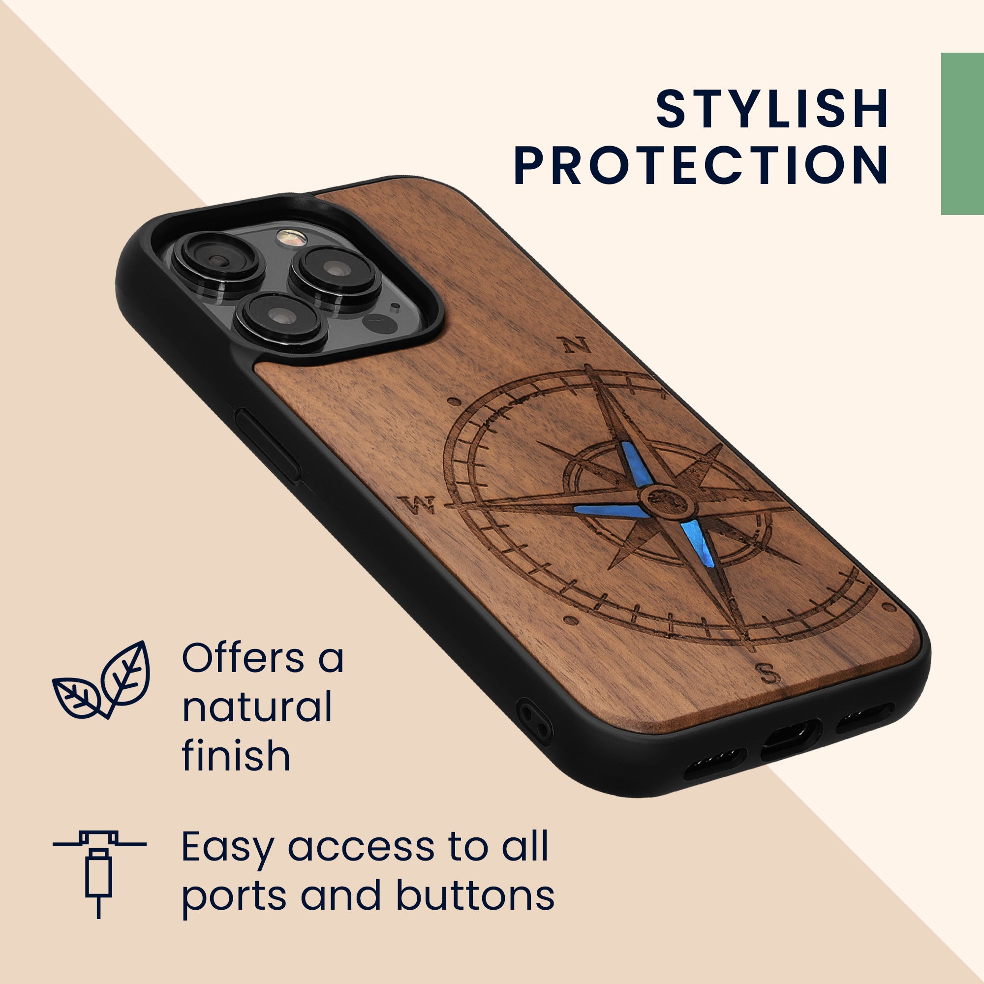 KW iPhone 15 Pro Θήκη από Φυσικό Ξύλο - Design Navigational Compass Mother of Pearl - Dark Brown