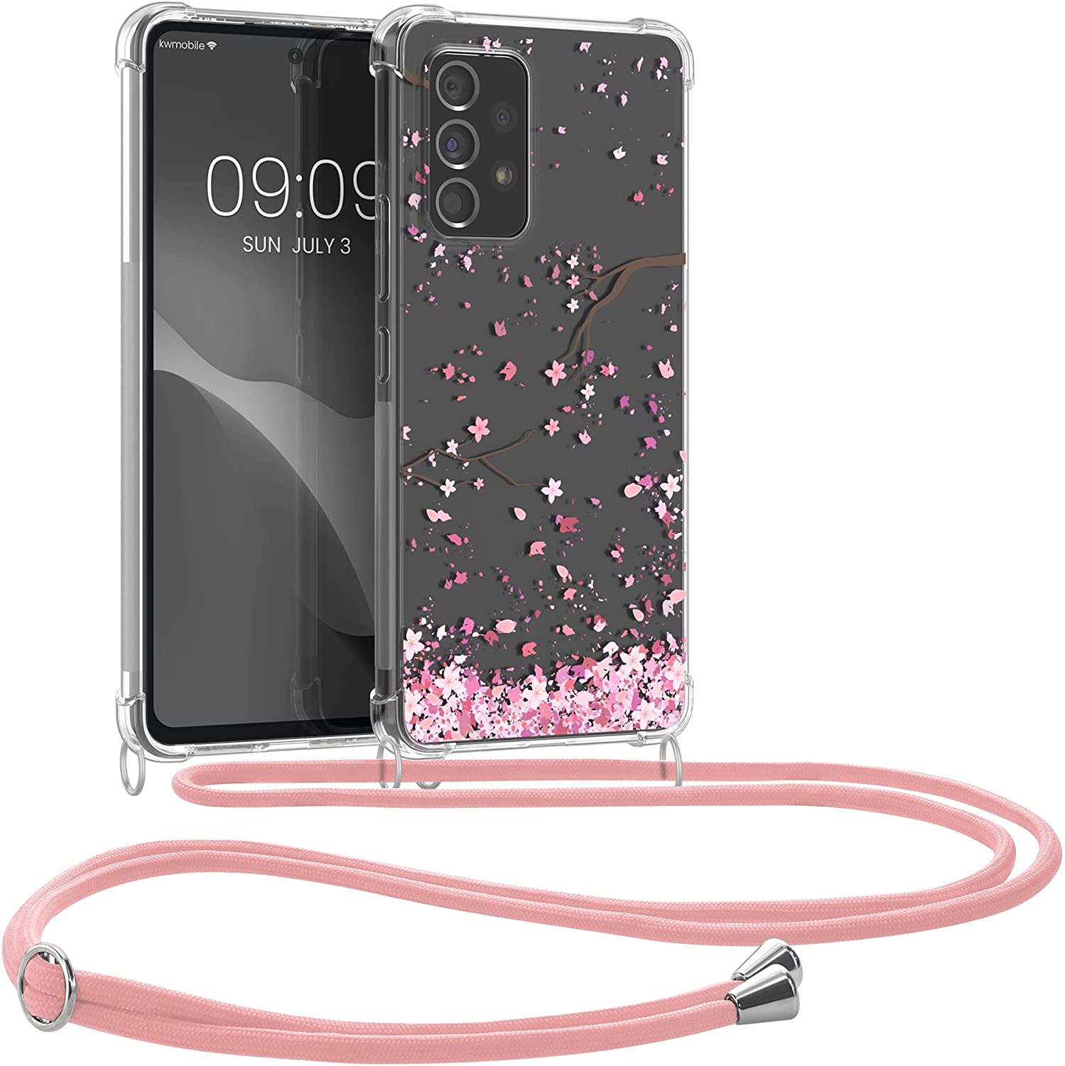 KW Samsung Galaxy A53 5G Θήκη Σιλικόνης TPU με Λουράκι Design Cherry Blossoms - Διάφανη / Dark Brown / Pink - 58234.03