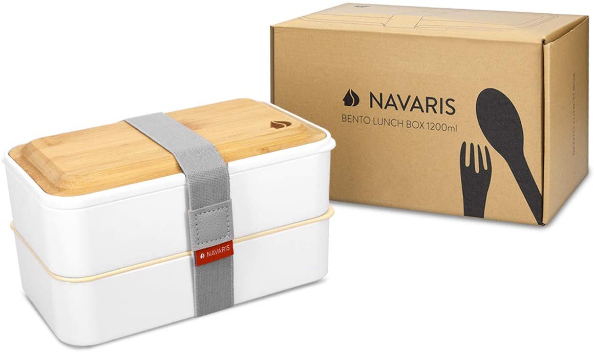 Navaris Bento Box Set Δύο Δοχεία Φαγητού με Μαχαιροπίρουνα και Καπάκι από Μπαμπού - 1.2L - White - 47407.01.16