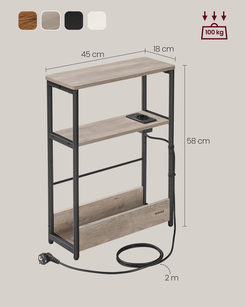 Vasagle Στενό Βοηθητικό Τραπεζάκι με Ενσωματωμένο Πολύπριζο με 1 Θύρα AC και 2 Θύρες USB - Greige Mottled / Ink Black - LET335K05