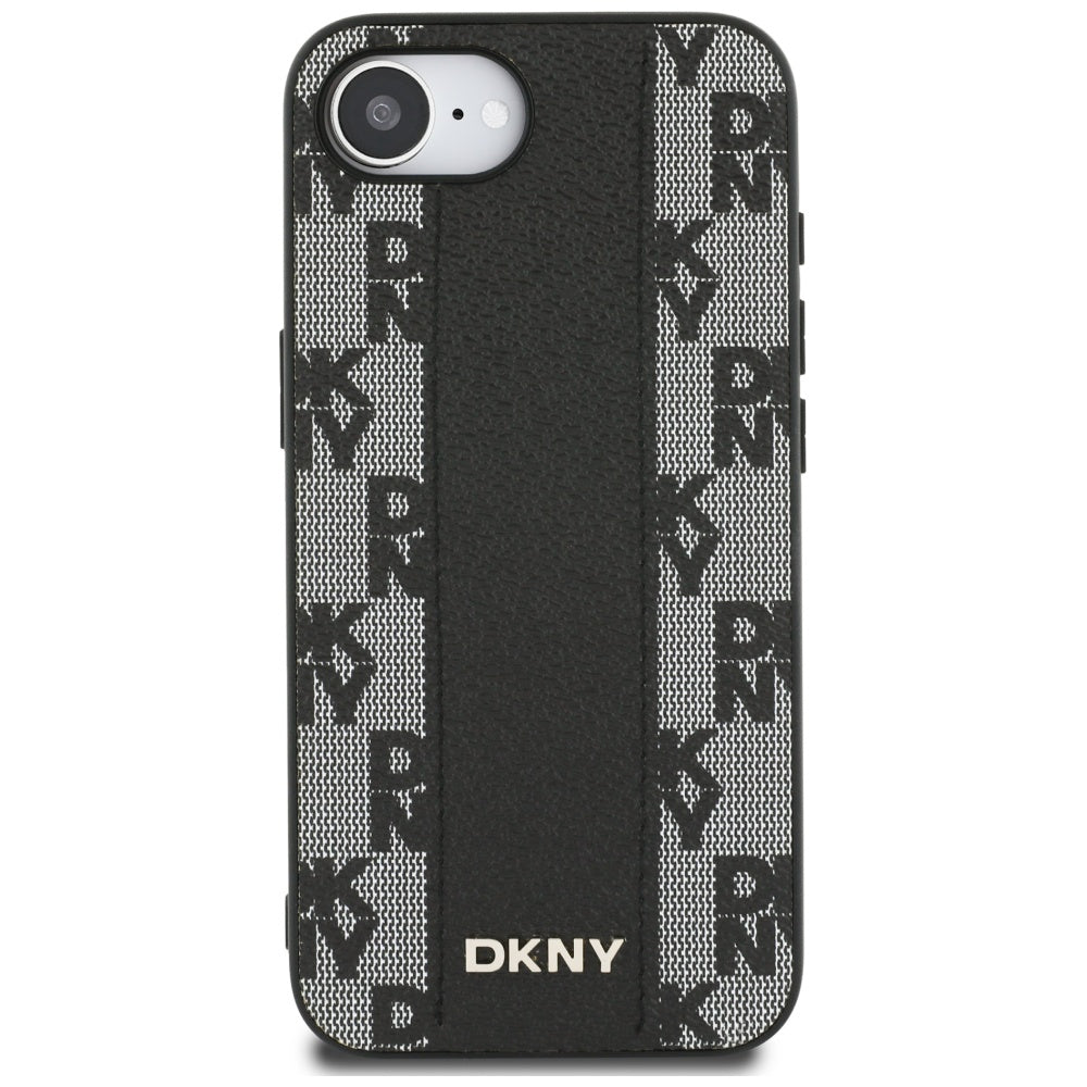 DKNY iPhone 16e - Leather Checkered Mono Pattern MagSafe Σκληρή Θήκη με Επένδυση Συνθετικού Δέρματος - Black