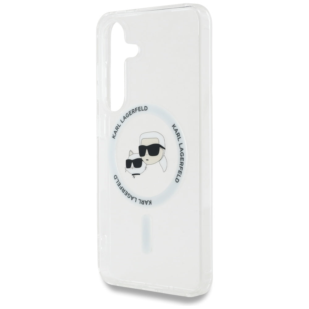 Karl Lagerfeld Samsung Galaxy S25 - Button Karl and Choupette Heads Printed Logo - MagSafe Σκληρή Θήκη με Πλαίσιο Σιλικόνης - White - KLHMS25SHLSKCH