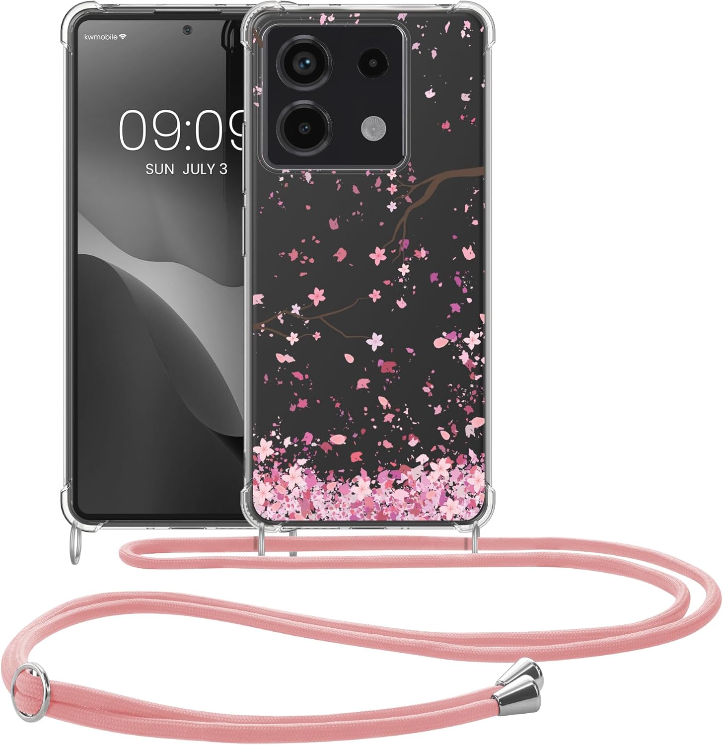 KW Xiaomi Redmi Note 13 4G Θήκη Σιλικόνης TPU με Λουράκι - Design Cherry Blossom Leaves - Pink / Dark Brown / Διάφανη