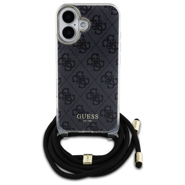 Guess iPhone 16 - Crossbody Cord 4G Print - Σκληρή Θήκη με Πλαίσιο Σιλικόνης και Λουράκι - Black - GUHCP16SHC4SEK