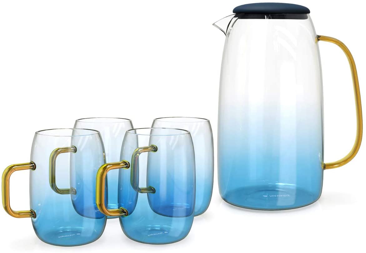 Navaris Glass Water Carafe with Silicone Lid and 4 Glasses Γυάλινη Κανάτα Νερού με Καπάκι Σιλικόνης και 4 Ποτήρια - 1,55L - Blue / Διάφανη - 51066.04.05