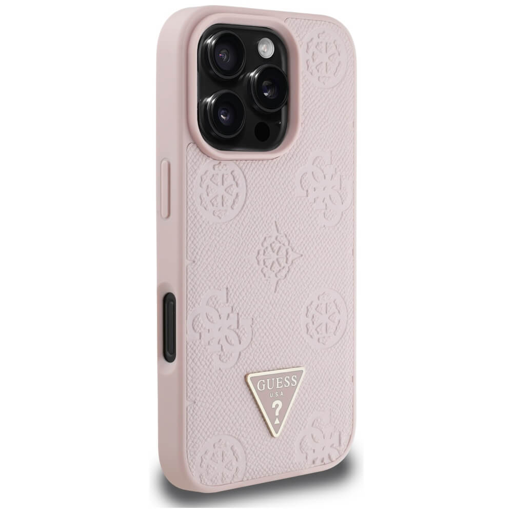 Guess iPhone 16 Pro Max - Grained Hot Stamp Peony Triangle Logo - MagSafe Σκληρή Θήκη με Επένδυση Συνθετικού Δέρματος - Pink - GUHMP16XPGBTMP