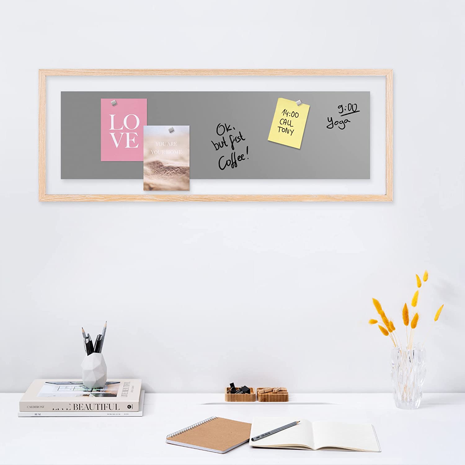 Navaris Μαγνητικός Γυάλινος Πίνακας με Ξύλινο Πλαίσιο - 80 x 30 cm - White / Grey / Light Brown - 56077.2.22
