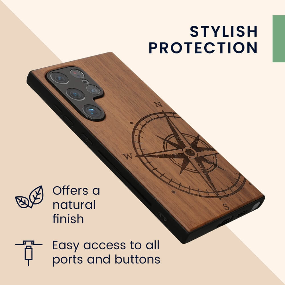 KW Samsung Galaxy S24 Ultra Θήκη από Φυσικό Ξύλο - Design Navigational Compass - Dark Brown