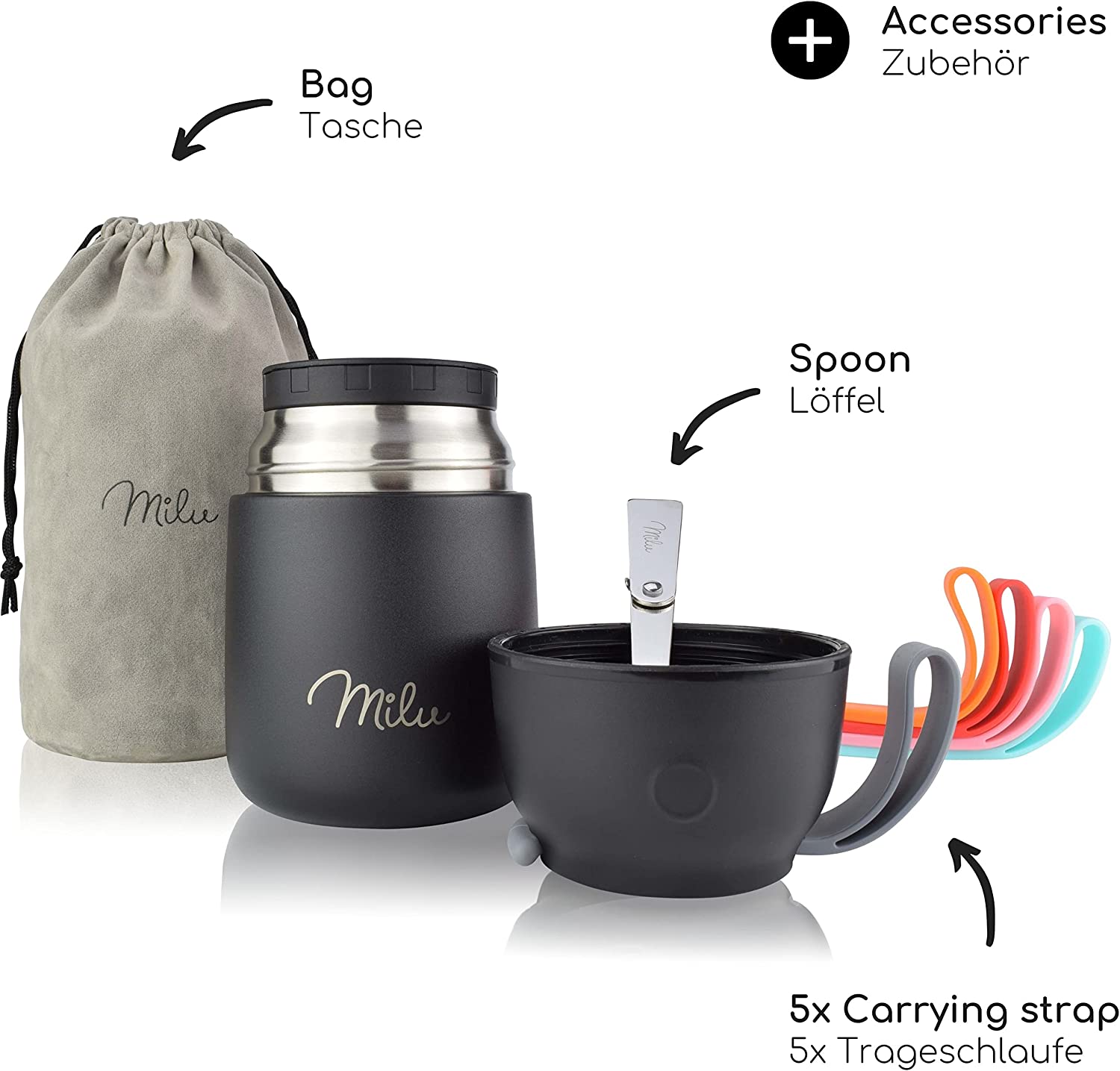 Milu Θερμός Φαγητού από Ανοξείδωτο Ατσάλι με Καπάκι-Μπολ και Κουτάλι - 450ml - Black - 2297