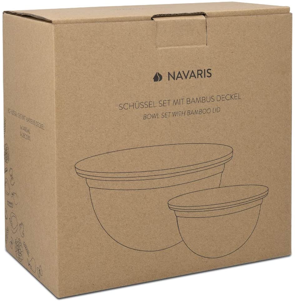 Navaris Metal Mixing Bowls with Wooden Lids Σετ με 2 Μεταλλικά Δοχεία Φαγητού με Καπάκι από Μπαμπού - Grey / Mint Green - 49209.02.22