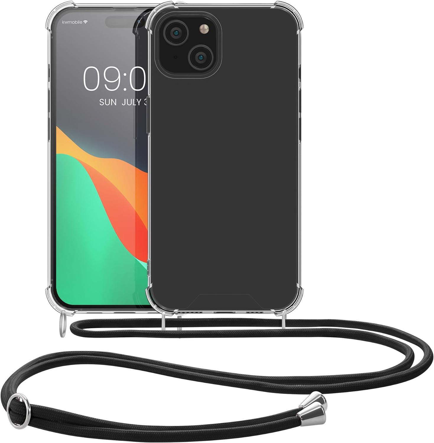 KW iPhone 15 Plus Θήκη Σιλικόνης TPU με Λουράκι - Διάφανη / Black - 62034.01