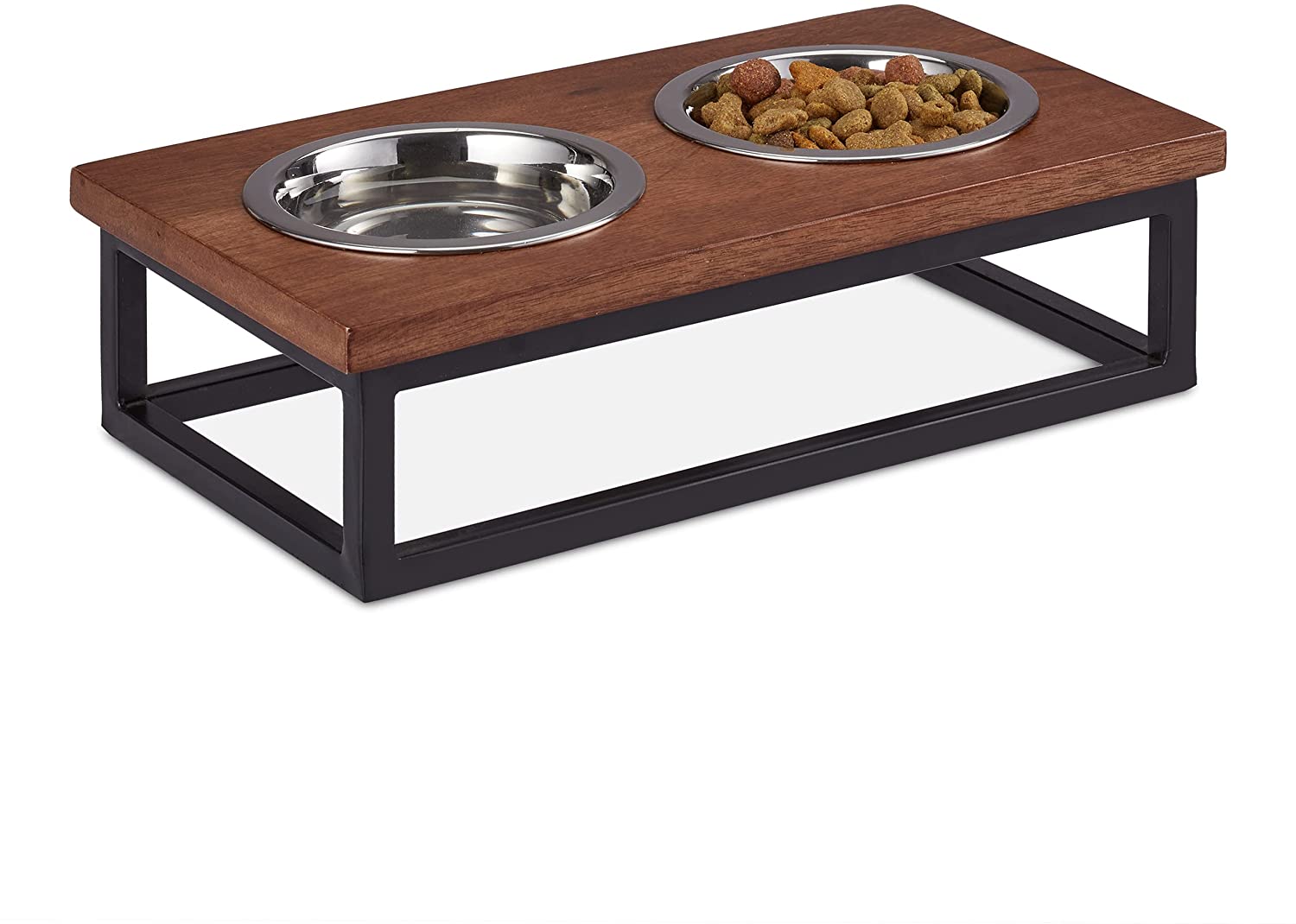 Relaxdays Ξύλινη Βάση από Μάνγκο με 2 Μπολ από Ανοξείδωτο Ατσάλι για Κατοικίδια - 250 ml - Natural / Silver - 4052025373801