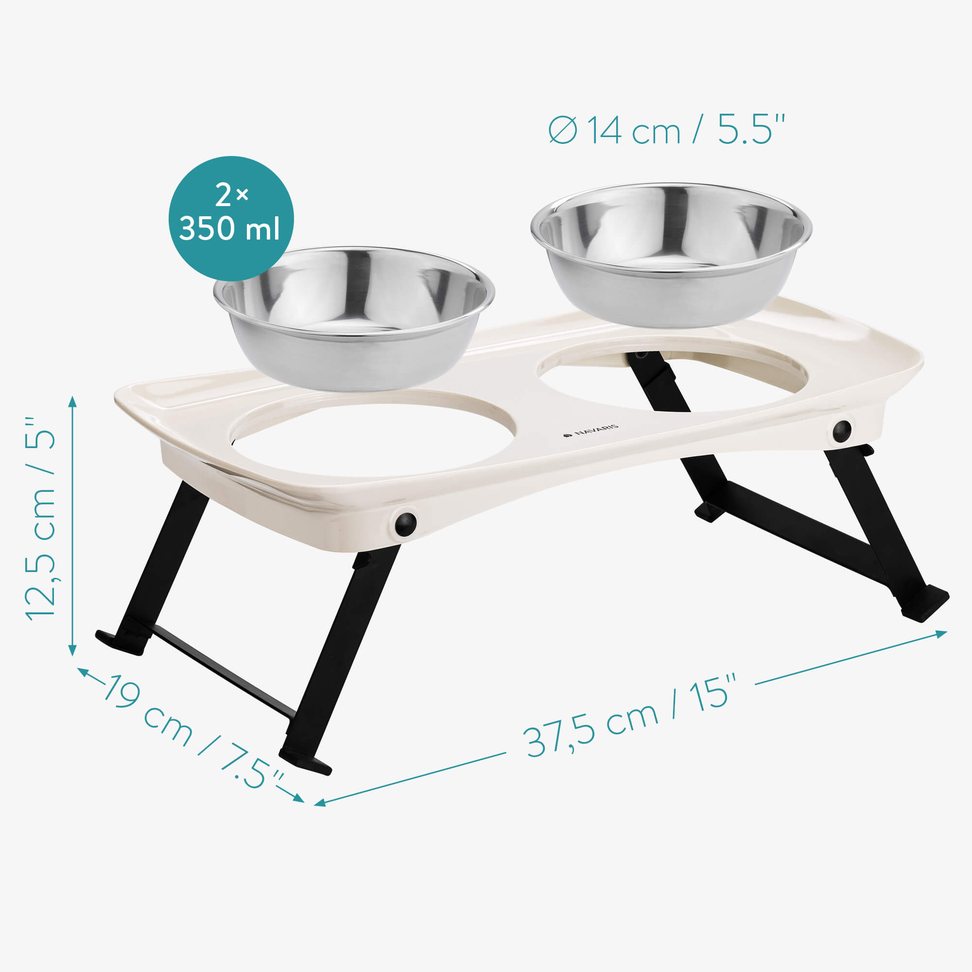 Navaris Αναδιπλούμενο Σταντ με 2 Μπολ για Νερό και Τροφή για Κατοικίδια - 350 ml - Beige / Black - 55860.02