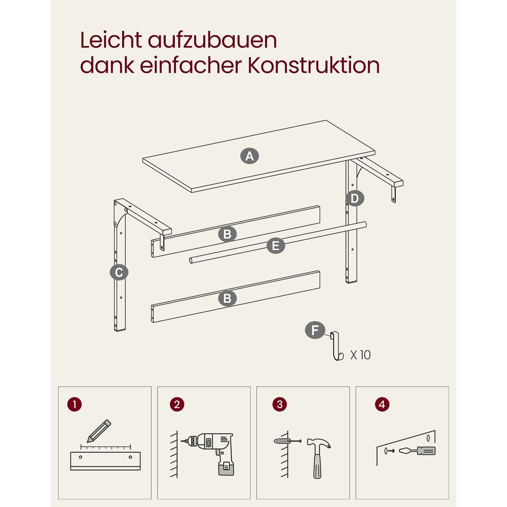 Vasagle Επιτοίχια Κρεμάστρα με Ράβδο και με 10 Αφαιρούμενους Γάντζους - Vintage Brown / Black - LCR201B01