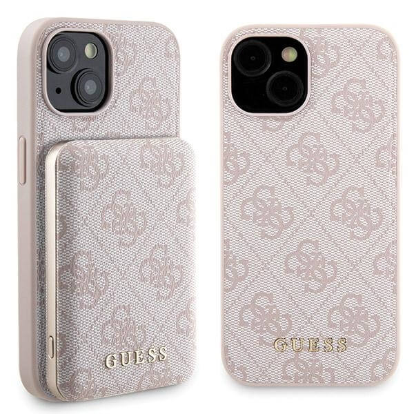 Guess iPhone 15 - 4G Metal Logo Σετ MagSafe Σκληρή Θήκη με Επένδυση Συνθετικού Δέρματος και Powerbank 5000mAh - Pink - GUBPM5P15S4GEMGP